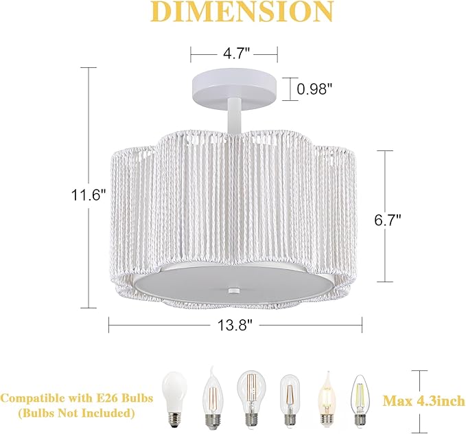 Rattan Semi Flush Mount Ceiling Light, 3-Light Boho Ceiling Lights, Modern Hand-Woven Rattan Boho Light Fixture for Bedroom Living Room Kitchen Hallway and Entryway (White)