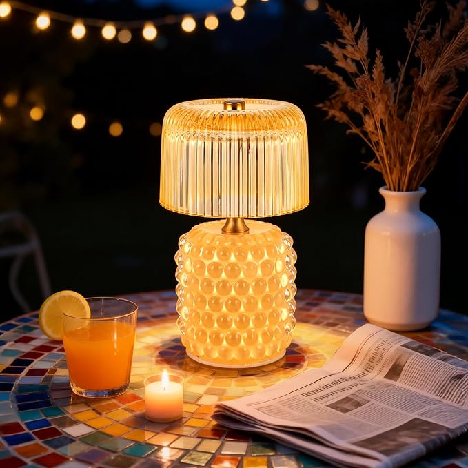 Small Battery Operated Lamp with Timer, Tiny Cordless Glass Table Lamp for Home Decor, Kitchen, Bathroom, Birthday Gift for Women, Pearl, Yellow