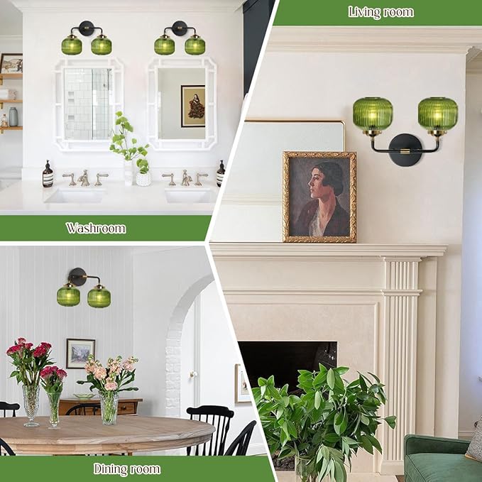 2-Lights Globe Wall Sconce Bathroom Light fixtures Vanity Lamp Mid Century Modern Wall Lights with Green Striped Glass Shade Vintage Vanity Lights for Over Mirror Hallway Overhead