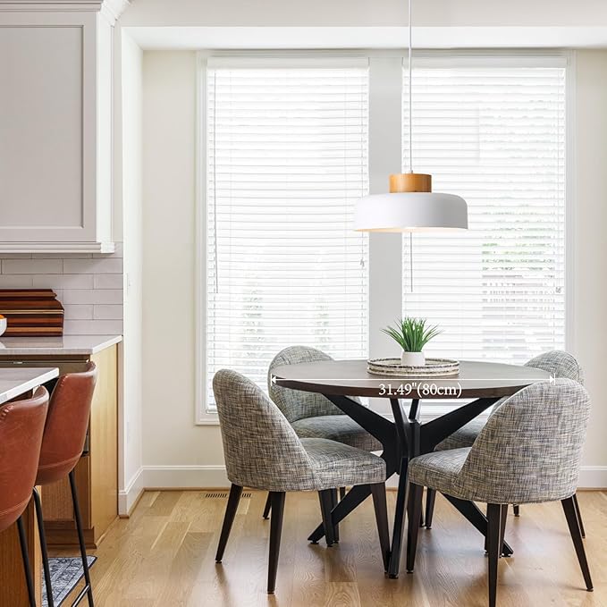 Modern Pendant Light with Real Wood Cap - 12.6” White Hanging Light Fixture for Kitchen Island, Dining Room Table - Adjustable Height Ceiling Light with E26 Socket - Scandinavian Style