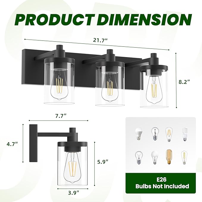 Bathroom Vanity Light, 3 Light Matte Black Vanity Light Fixture with Clear Glass Shade, 22 in Modern＆Farmhous Vanity Lights, Bathroom Light Fixtures Over Mirror for Bathrooms, Livingroom
