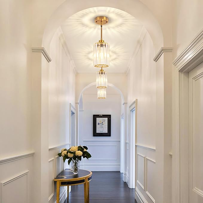 Brushed Gold Crystal Pendant Lights Kitchen Island, Modern Pendant Lighting Over Island Kitchen Hanging Light Fixtures Adjustable Mini Pendant Light for Dining Room Bathroom Entryway Hallway Foyer