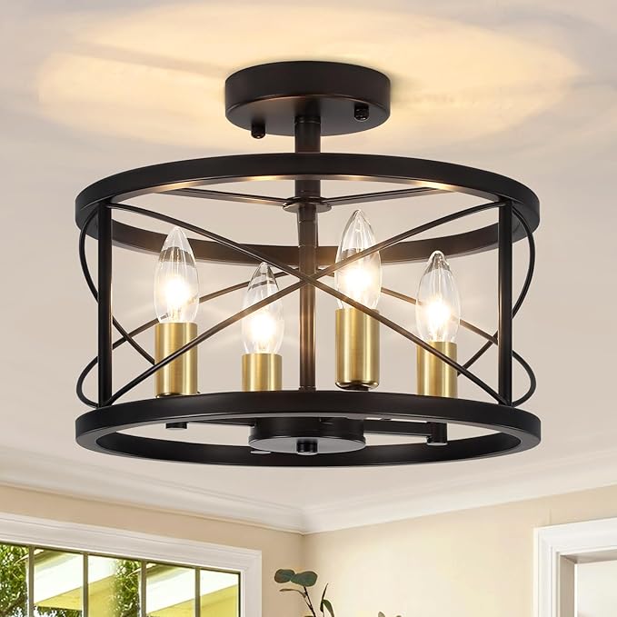 TOULMJ 4-Light Semi Flush Mount Ceiling Light, Black Gold Ceiling Light Modern Hallway Light Fixtures for Kitchen Island Entryway Laundry Room Foyer Dining Room