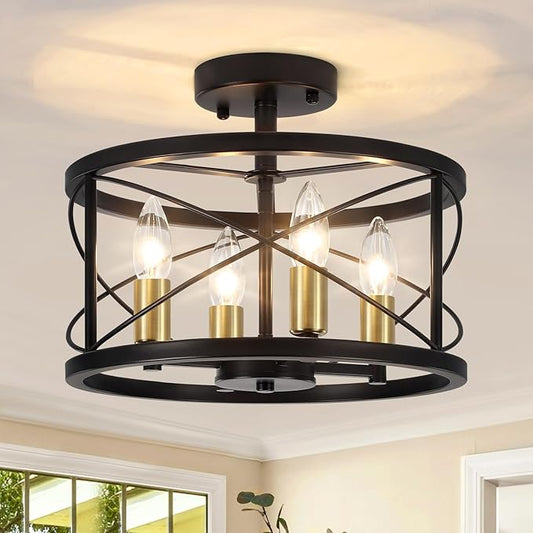 TOULMJ 4-Light Semi Flush Mount Ceiling Light, Black Gold Ceiling Light Modern Hallway Light Fixtures for Kitchen Island Entryway Laundry Room Foyer Dining Room