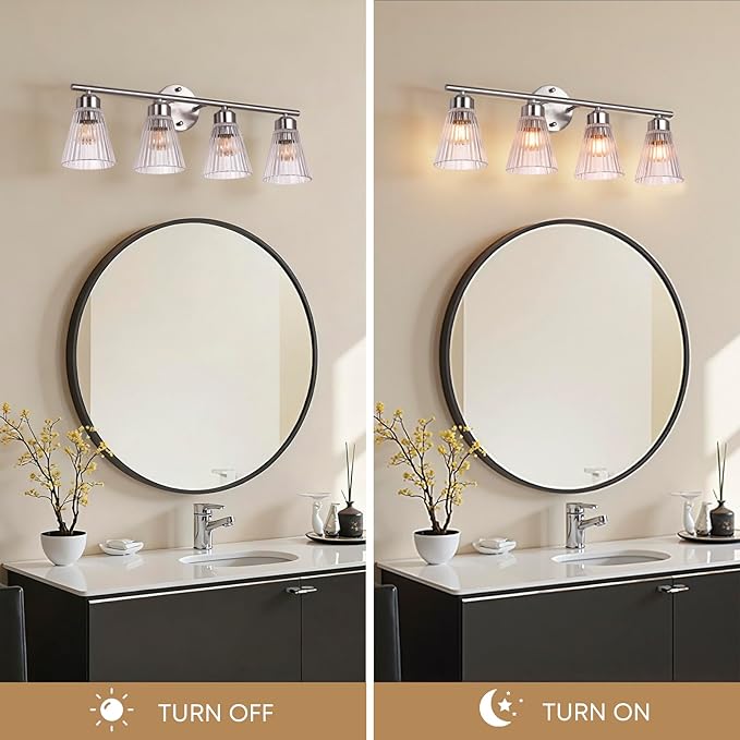 4-Light Bathroom Vanity Light, Brushed Nickel Bathroom Light Fixtures Over Mirror with Stripe Glass, Modern Wall Lamp, Wall Sconces Lighting for Living Room Bedroom Kitchen Hallway