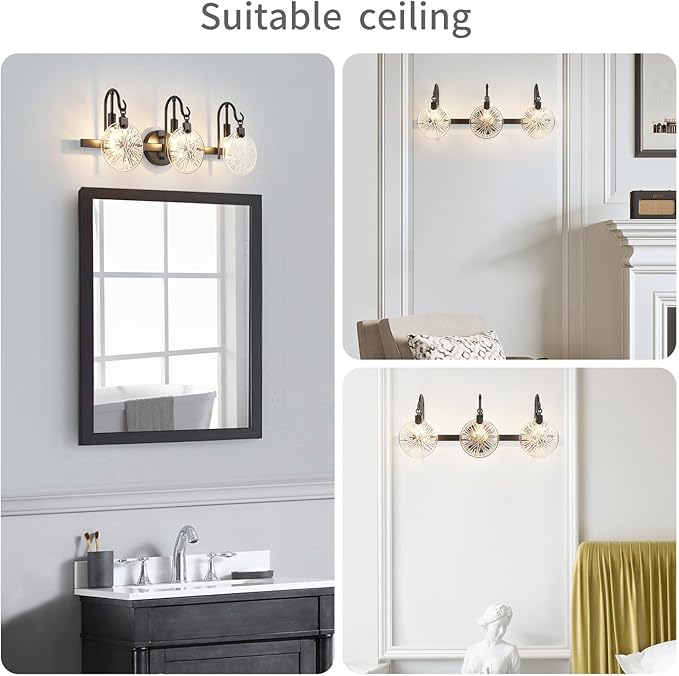 WUZUPS 3-Light Bathroom Light Fixture Over Mirror Morden Vanity Wall Sconces Clear Glass Shade for Bedroom Living Room, E12 Base, Black