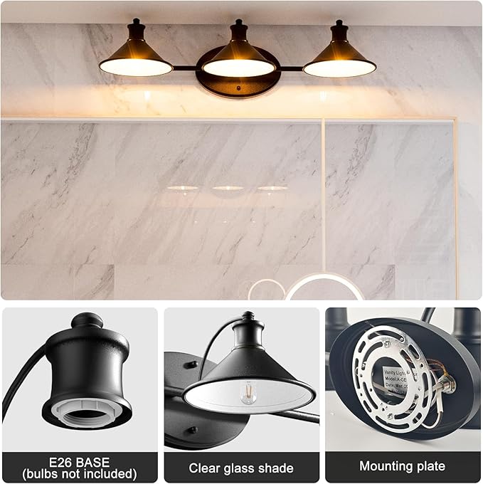 Lightdot Modern Bathroom Light Fixtures, 27 Inch 3-Light Bathroom Vanity Light with Matte Black Shades, 60W Max/120V Farmhouse Wall Sconce, Lighting Fixtures Over Mirror for Kitchen Living Room Cafe