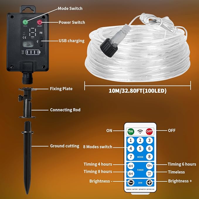LairtPOW Solar Rope Lights with Remote for Palm Tree,39FT 100LEDs Outdoor Solar Strip Lights for Garden,IP67 Waterproof,USB Charging, Timing & 8 Modes Larger Tube Fairy Light for Christmas(Warm White)