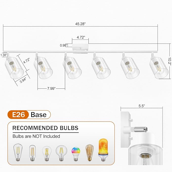 Track Lighting Fixtures Ceiling, 6-Light Track Light with Clear Glass Shade, 45" Modern Kitchen Lighting Ceiling with Rotatable Track Head, White Wall Light for Vanity Hallway Bedroom(E26, No Bulb)