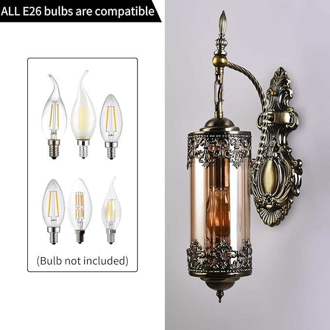 Rustic Wall Sconce with Amber Glass,Vintage Antique Gothic Wall Light Fixture E26 Mid Centry Lantern Bedside Sconces Wall Lighting for Living Room Bathroom Hallway Mirror