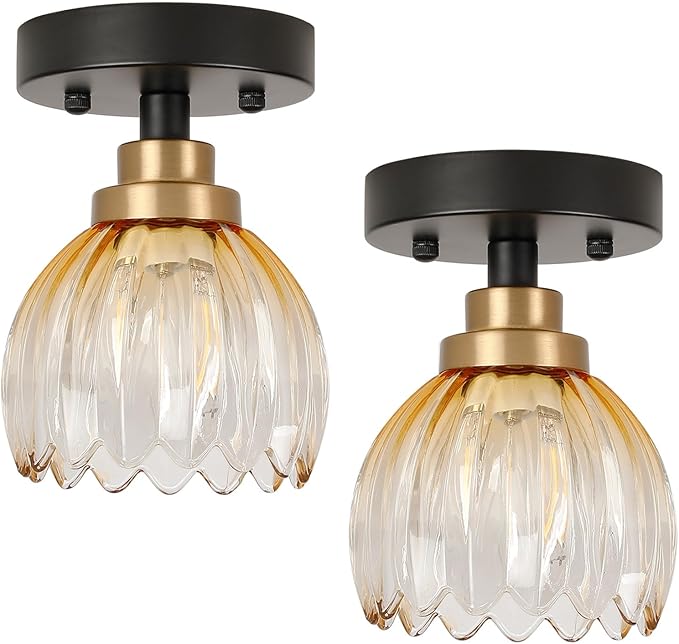 TALOYA Semi Flush Mount Ceiling Light,2 Pack Close to Ceiling Light Fixtures with Amber Tulip Glass Shades Modern Farmhouse Lighting Fixtures for Hallway Corridor Kitchen Bathroom Bedroom Passway