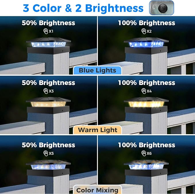 Peasur 2pack 4x4 Solar Post Lights Outdoor, Blue & Warm White LED Fence Caps Light Waterproof, Wood & Vinyl Post Top Lighting for Deck Mailbox Railing Porch Outside