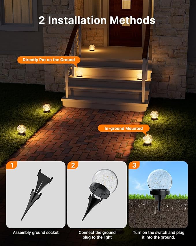 4 Pack 4.72" Solar Powered Cracked Glass Globe Lights Outdoor Waterproof Decorative Table Ball Lamps for Outside Garden, Patio, Yard, Deck, Pathway, Backyard Decoration Easy to Install (Warm White)