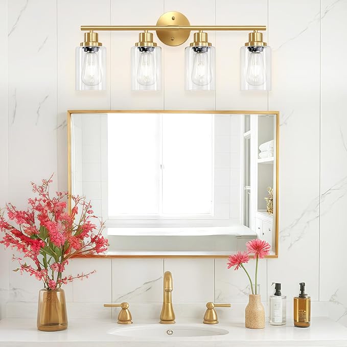 4-Light Gold Bathroom Light Fixtures, E26 Modern Vanity Lights for Bathroom with Clear Glass Shade, Wall Lamps for Mirror Hallway Kitchen Cabinet Living Room Sconces Lights