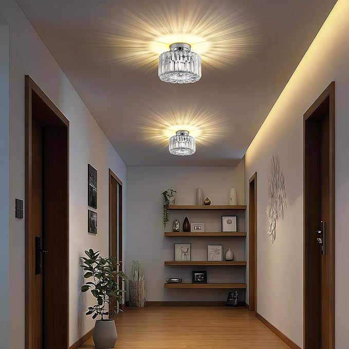 FRIDEKO HOME Crystal Ceiling Light - Small Crystal Chandelier Semi Flush Mount Ceiling Light Fixture Modern Lights for Hallway Bathroom Kitchen Entryway (9.05 Inch, Bulb not Included)