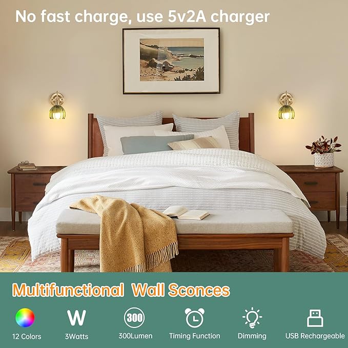 Shenmoyl Vintage Battery Operated Wall Sconce, 5000mAh Rechargeable Wall Light, Indoor Battery Powered Wall Lamp for Bedside Bedroom Living Room, Tulip Green