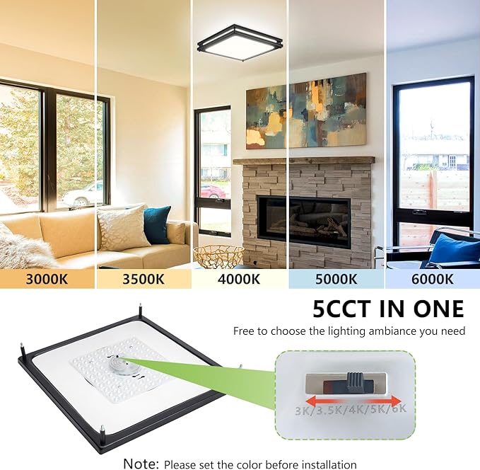 Square Ceiling Light Fixture - 36W 3000K/3500K/4000K/5000K/6000K Adjustable Flush Mount Led Light for Bathroom Bedroom Kitchen Hallway (2 Pack Black(5CCT), 12 Inch)