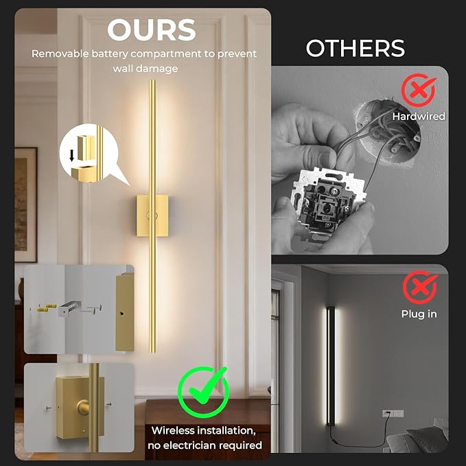 Battery Operated Wall Sconce Set of Two - 10000mAh Cordless Rechargeable Wall Sconces with Remote & Touch Control, 360°Rotate, 4CCT Dimmable Gold Wall Lights for Bedroom Living Room, 31.5 inch