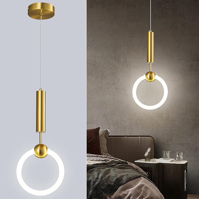 Modern LED Pendant Light Fixtures, Simplicity Gold Pendant Lighting,Circular Hanging Chandelier for Kitchen Island Dining Room Bedroom Entryway Hallway(Gold 1-Pack)