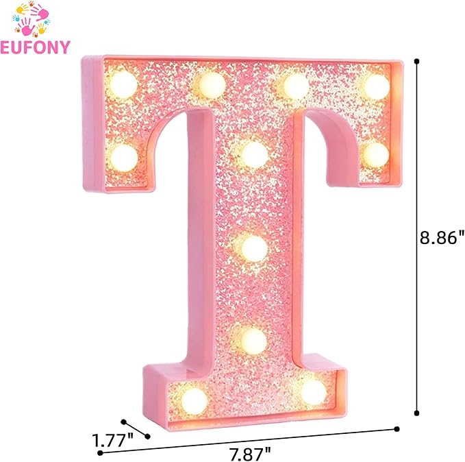 Pink Marquee Light Up Letters, Glitter Alphabet LED Letter Lights for Pink Birthday Party Decorations, Battery Operated Letter Sign for Girls Room Vanity Table Decor, Warm White Lights Letter T