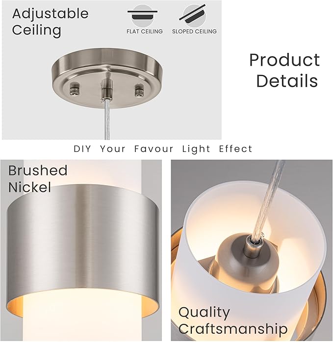 Modern Pendant Lighting, Nickel Hanging Light Fixtures for Kitchen Island Hallway Porch Corridor Bedroom with Frosted Glass Shade, 1 Light