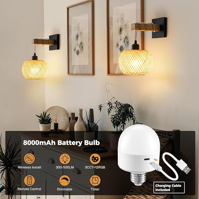 Battery Operated Wall Sconce with Remote Set of 2, Rechargeable Rattan Wall Sconces with 8000mAh Bulbs, Woven Bamboo Wall Light/Lamp Boho Wall Sconce for Bedroom (Black)
