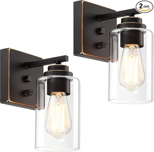Pia Ricco Wall Sconces Set of 2, Bedside Wall Lamps with Switch for Bedroom, Modern Bathroom Light Fixtures with Clear Glass Shade, Oil Rubbed Bronze Sconces Wall Lights for Living Room, Hallway