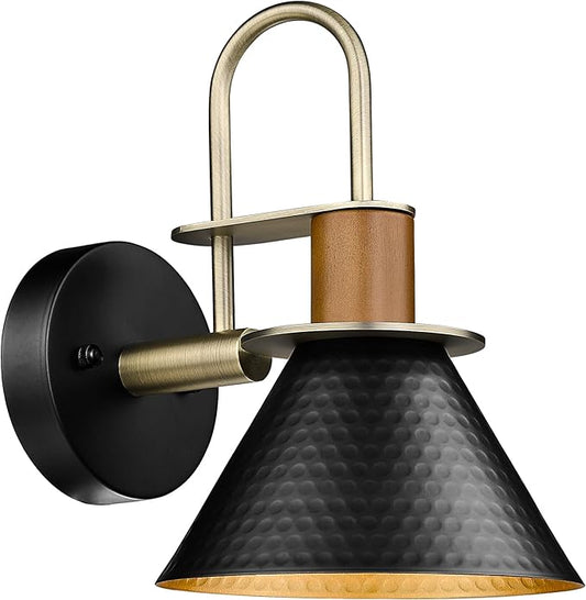 Black Wall Sconce, HWH Industrial Indoor Sconce Light Fixture, Single Wall Vanity Light Black Barn Wall Lamp with Hammered Metal Shade, Black and Gold Finish, 5HZG74B BK+BG