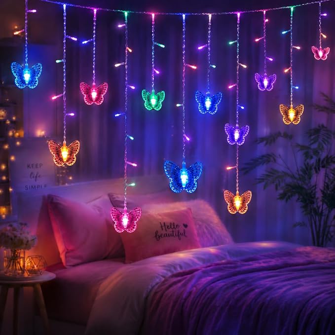 Butterfly Curtain Fairy Lights USB Plug in,8 Modes 120 LED 20FT Firefly Twinkle Timer String Lights with Remote, Waterproof for Bedroom Christmas Wedding Party (Multicolor)