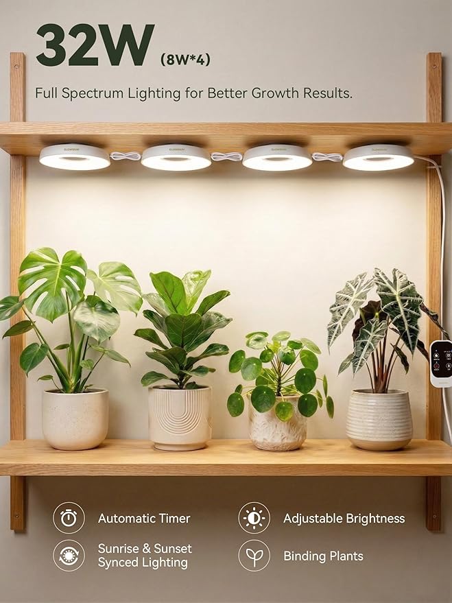 GLOWRIUM Grow Lights for Indoor Plants, Full Spectrum Puck Grow Light with Manual & APP Control, 32W(4 x 8W) Plant Lamp Auto-Timer, Plant Assistant 10 Levels Dimmable for Plant Shelf (4 Packs,White)