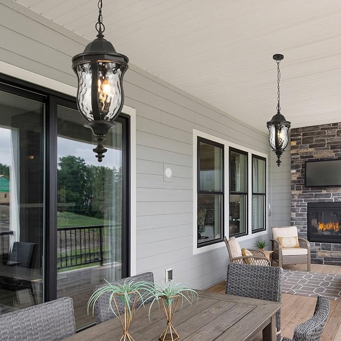 Large Outdoor Pendant Light Fixtures, 23.6'' Exterior Hanging Lantern Porch Light Adjustable, Black Brush Red Hanging Lamp Farmhouse Exterior Chandelier Ceiling Mount for Entrance Patio