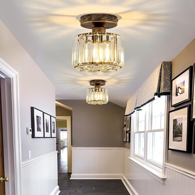 Piepooye 2 Pack Small Crystal Semi Flush Mount Ceiling Light Fixture Modern Bronze Mini Round Chandelier Metal E26 Ceiling Lamp for Hallway Bathroom Entryway Kitchen Closet