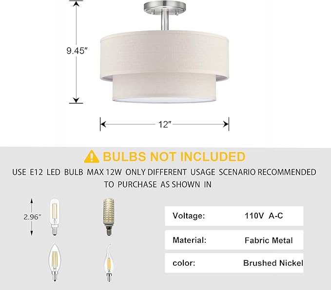 3 Lights 12 Inch Semi Flush Mount Close to Ceiling Light Fixture,Cream Fabric Shade Brushed Nickel Finish for Bedroom,Living Room,Dining Room Hallway
