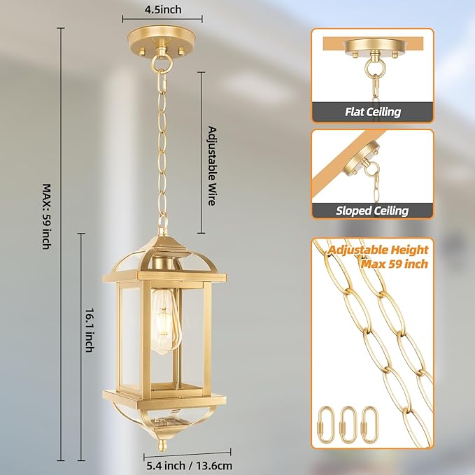 Gold Outdoor Pendant Light for Porch Fully Enclosed, 16 Inch Large Exterior Hanging Light Aluminum Made Anti-Corrosion Outside Ceiling Mount Lights Brass Chandelier Entry Light, E26