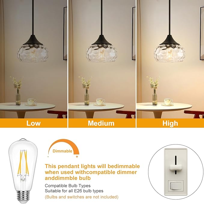 2 Pack Modern Pendant Lights Kitchen Island, Matte Black Pendant Light Fixtures with 8.5" Clear Hammered Glass Shade, Industrial Hanging Pendant Lights Fixture for Kitchen Island Dining Room Entryway