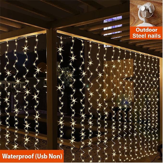 ZSJWL 2 Pack Curtain Lights, 300 LED Curtain Fairy Light with Remote, 8 Modes 9.8 × 9.8 Ft Twinkle String Lights, USB Plug in Copper Wire Lights for Bedroom Window Chrismas Wedding Party, Warm White