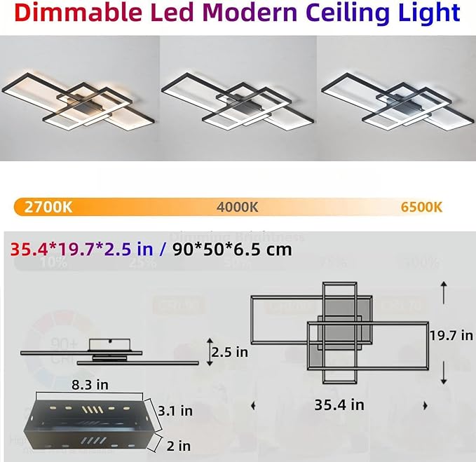 Modern Dimmable LED Ceiling Light Fixture,with Remote Control 3 Color Selectable Flush Mount Ceiling Lamp Ceiling Lights for Sitting Room Kitchen Bedroom(Black, 35.4 * 19.7 * 2.5 in)