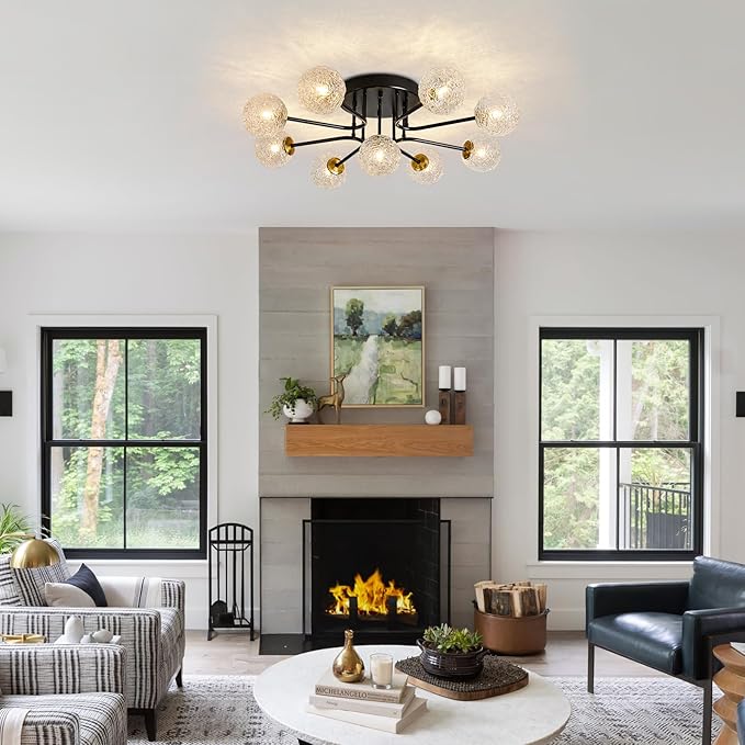 Sputnik Semi Flush Mount Ceiling Light Black Glass Globe Ceiling Lighting Modern Close to Ceiling Light for Living Room Dining Room Bedroom Kitchen