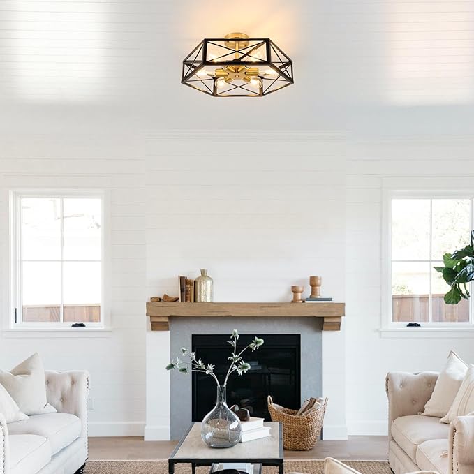 WILON Industrial Semi Flush Mount Ceiling Light, 19.68" Dining Room Light Fixture Farmhouse 6-Light Kitchen Lighting Fixtures Ceiling Mount Black and Gold Light Fixture for Hallway Kitchen Foyer