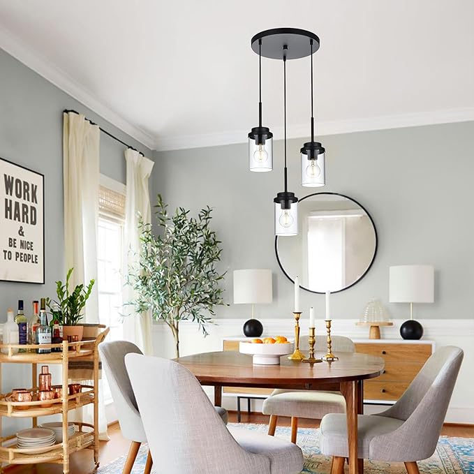 MELUCEE 3-Light Farmhouse Black Pendant Lights Kitchen Island, Modern Light Fixtures Ceiling Hanging with Clear Glass Shade Cluster Pendant Lighting for Dining Room Kitchen Hallway Stair