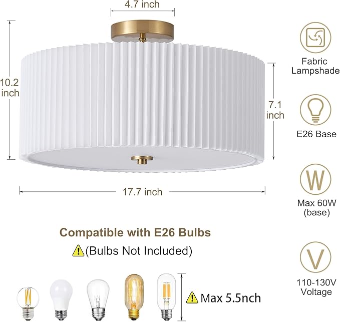 Semi Flush Mount Ceiling Light,17.7"Modern Close to Ceiling Light Fixture With White Fabric Shade, Light Fixtures Ceiling Mount Bedroom Ceiling Light for Bedroom Foyer Kitchen Living Room(Gold)