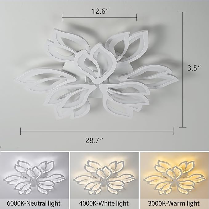 HuixuTe 28" White Modern Flower Dimmable Ceiling Light Fixture, 9 Leaves Low Profile Flush Mount Ceiling Light for Living Room Dining Room Bedroom