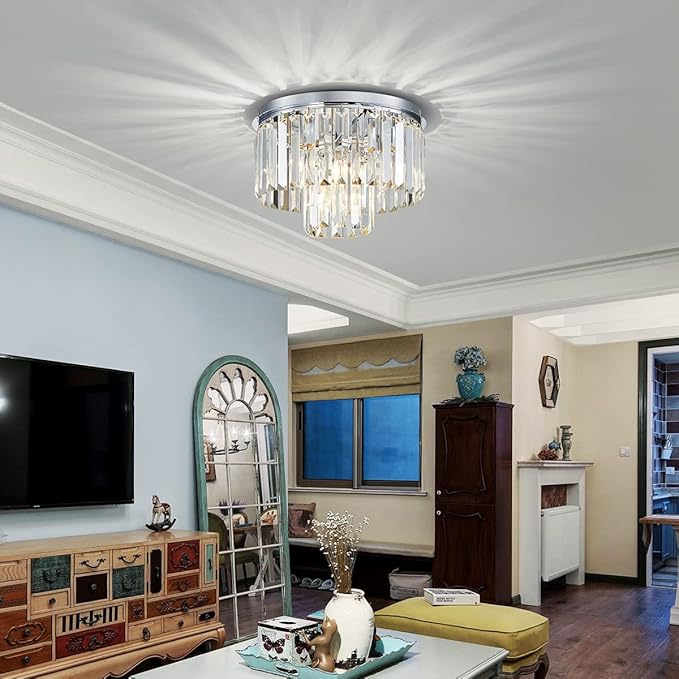 AGV LIGHTING CL006S Crystal Ceiling Light Fixture, Modern Semi Flush Ceiling Light, D12 x H8, E12 Base 3-Lights, Chrome Finish