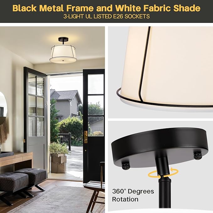 13'' Semi Flush Mount Ceiling Light Fixture, 3-Light Black Light Fixtures Ceiling Mount with White Drum Fabric Shade,Modern Close to Ceiling Light for Bedroom Dining Room Kitchen Hallway (Adjustable)