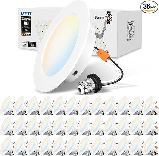 LVWIT 4 Inch LED Recessed Light, Recessed Can Lights Color Selectable 2700/3000/4000/5000/6000K 5CCT, 7W 700LM, Dimmable LED Can Lights with E26 Conversion Kit,Suitable for 4inch Can,36 Pack
