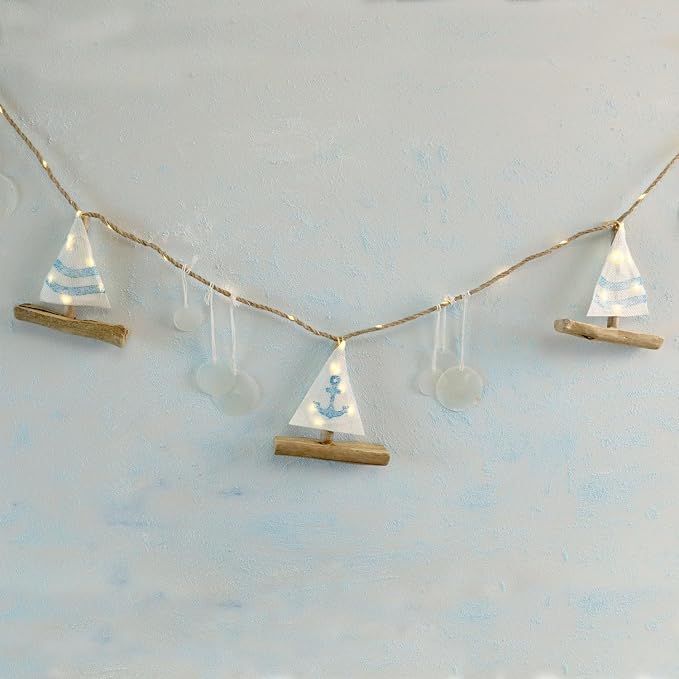 MIYA LIFE Nautical Decor Sailboat Ocean Light with Capiz Wind Chimes - 6.5FT 70LED Beach Garland with Lights Battery Operated with Remote for Coastal Room Beach Decor