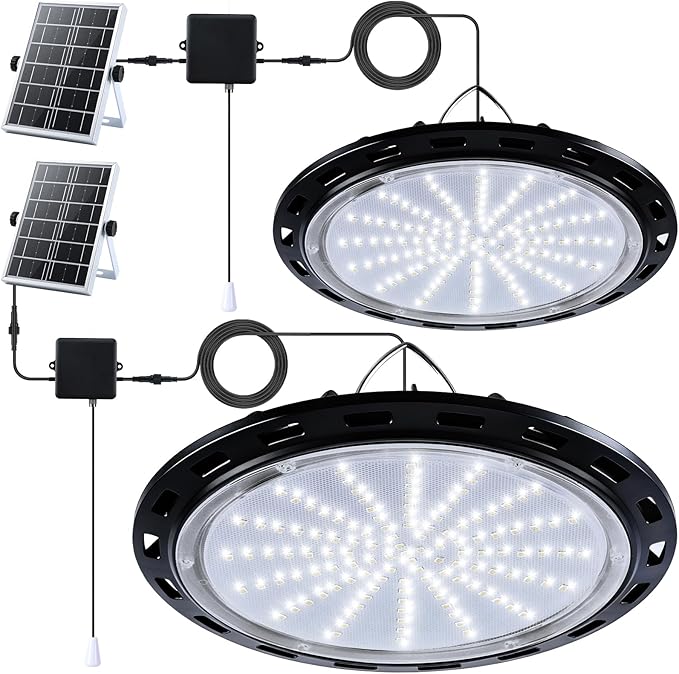Solar Shed Light Indoor Outdoor, 2000LM Solar Pendant Light Daytime Available Pull Cord with 2 Brightness Modes, IP65 Waterproof Ceiling Lamp for Barn, Garage, Shop, Gazebo-2 Packs