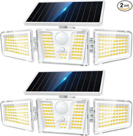 KOOPER Solar Flood Lights, 210 LED Motion Sensor Outdoor Lights, Solar Motion Lights Outdoor Waterproof, 3 Heads 300° Wide Angle Outdoor Security Lights for Yard Patio Garage Entryways, 2 Pack, White