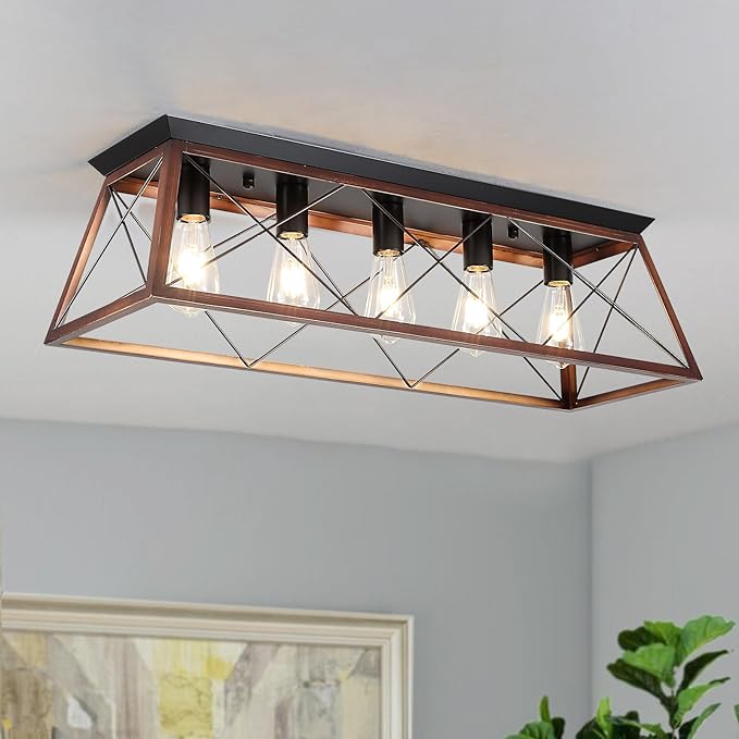 31.5" Flush Mount Ceiling Light, 5-Light Industrial Vintage Chandelier with Matte Black & Brushed Bronze Finish, Large Close to Ceiling Lighting for Dining Room, Kitchen Island, Living Room, Hallway