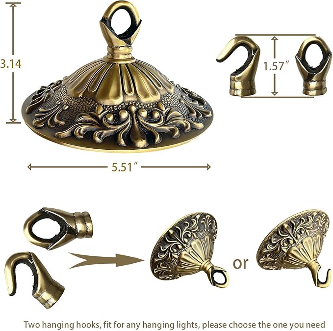 5.51" All Copper Ceiling Canopy Cover Plate, Black & Gold Retro Solid Brass Carved Heavy Duty Chandelier Canopy Fixing Base, Light Canopy Kit, Chandelier Parts with Dual Types Ceiling Hooks for Lights